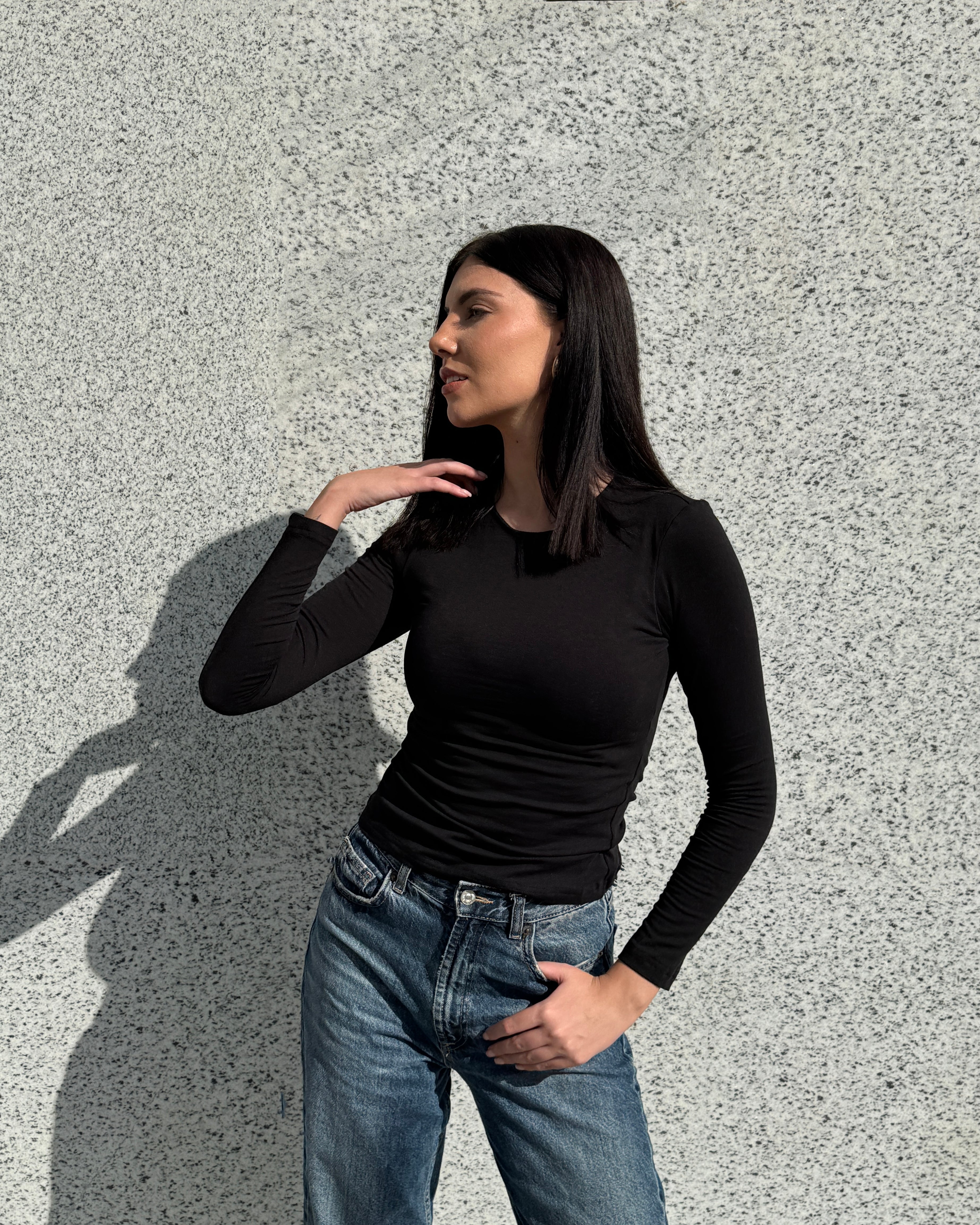 Black long-sleeve double-layered basic top