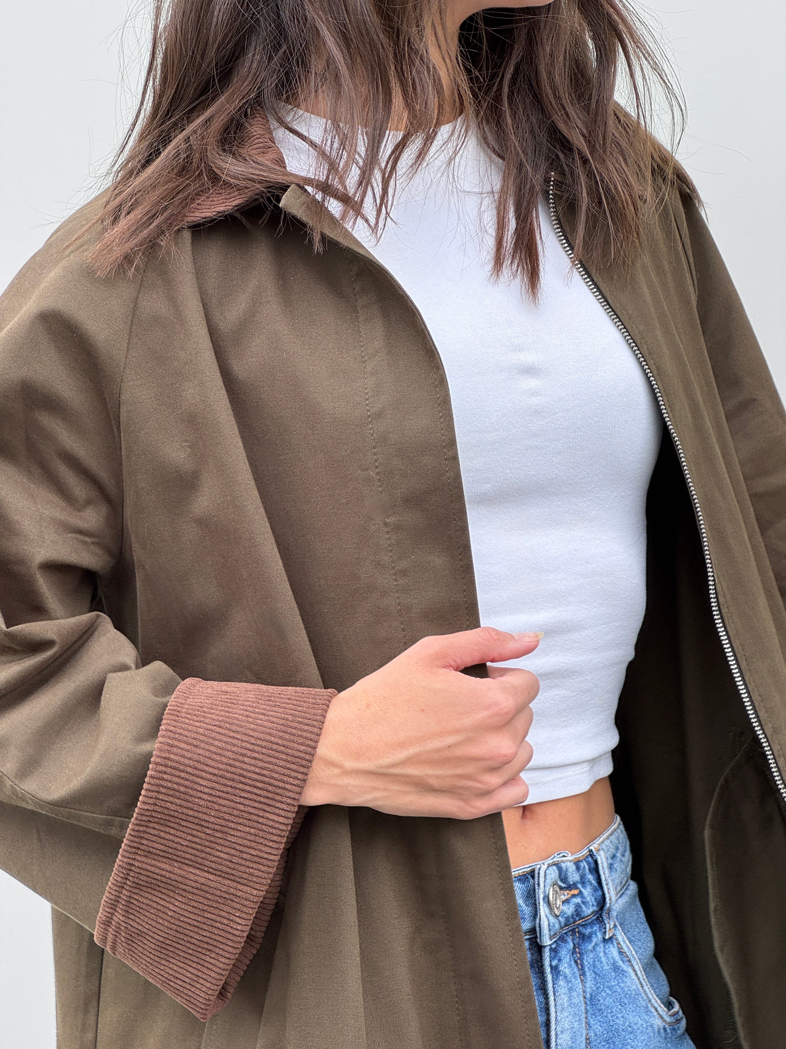 Olive Trench Coat With a Corduroy Collar and Cuffs