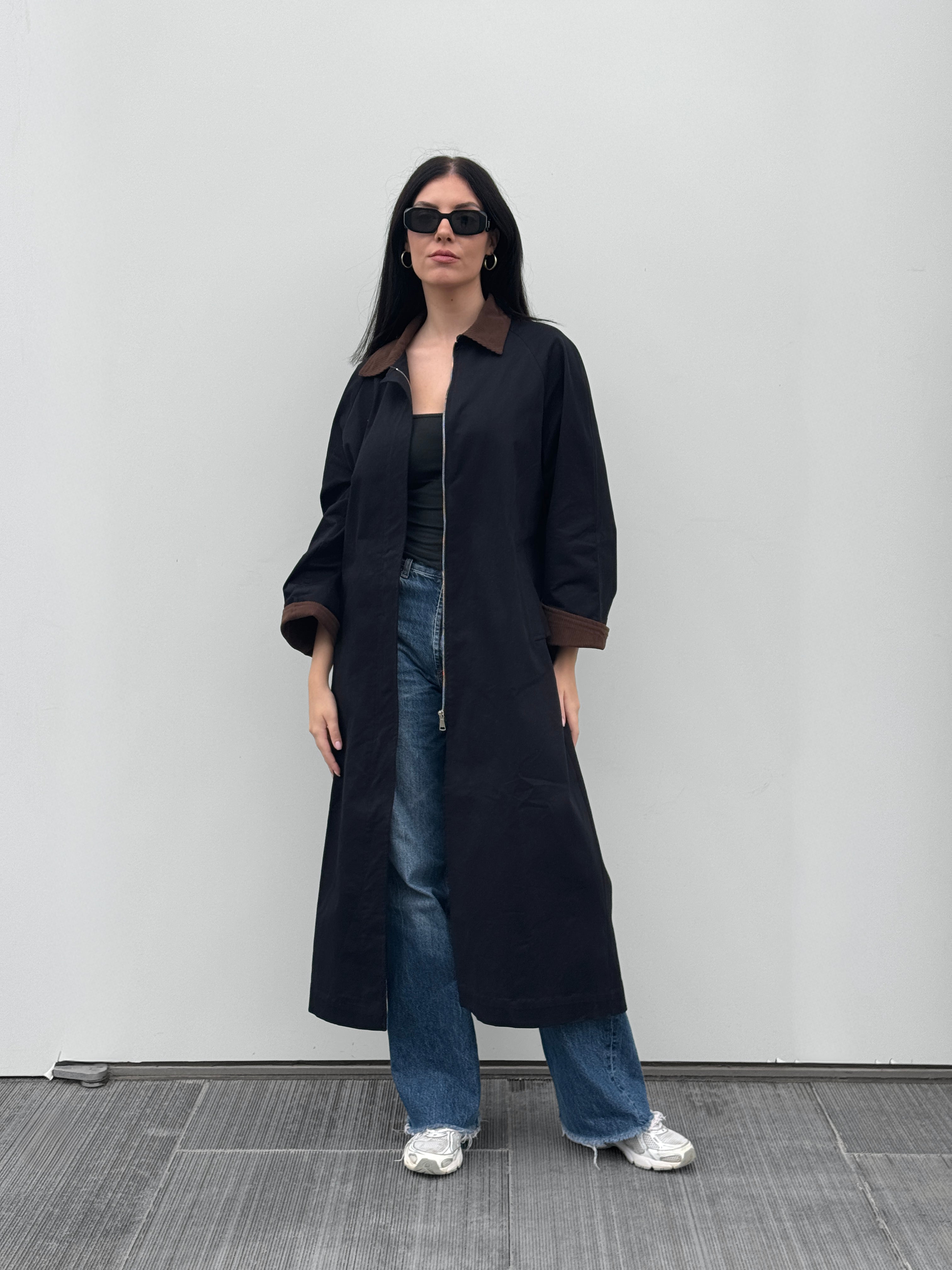 Black Trench Coat With a Corduroy Collar and Cuffs