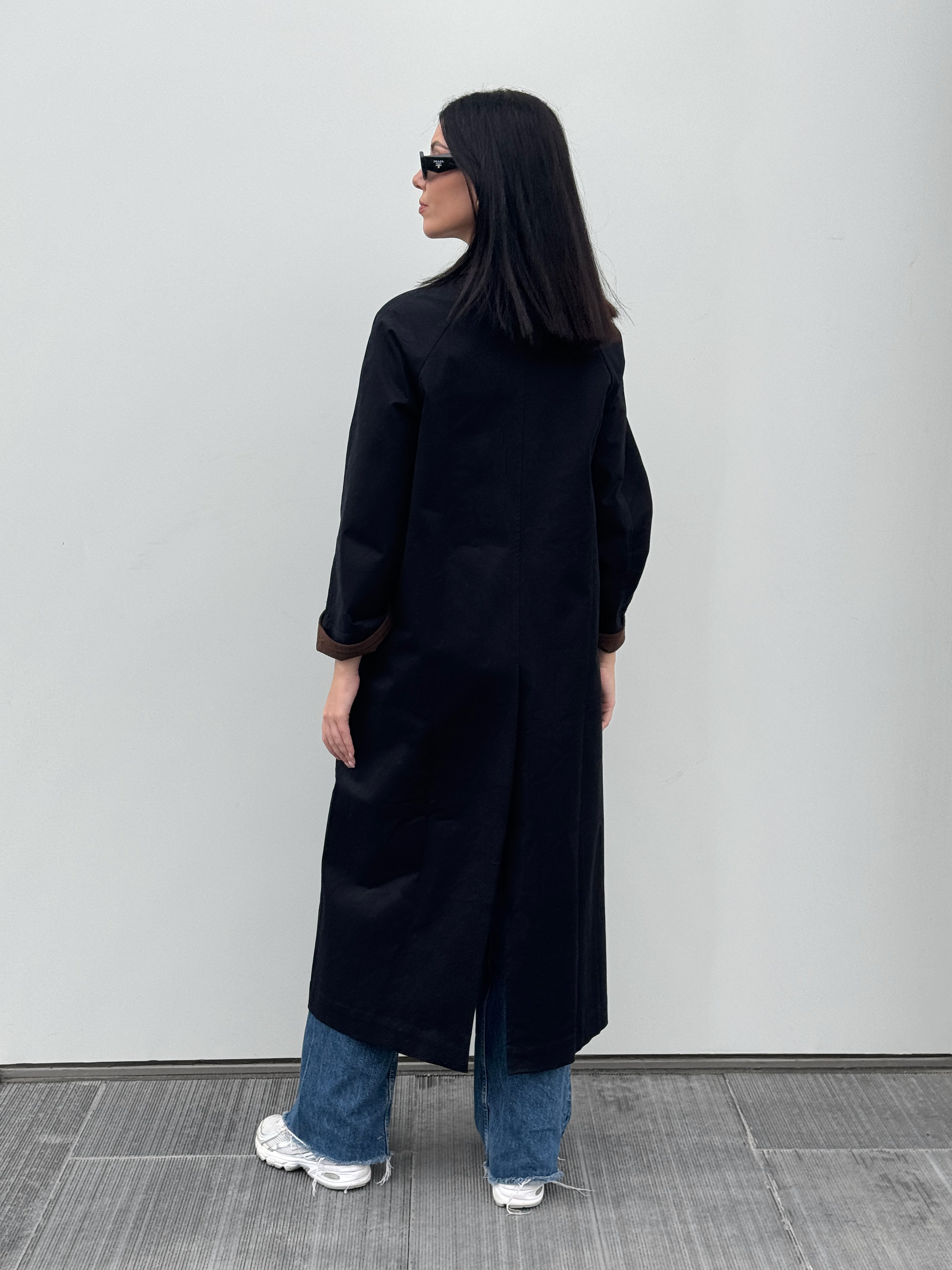 Black Trench Coat With a Corduroy Collar and Cuffs