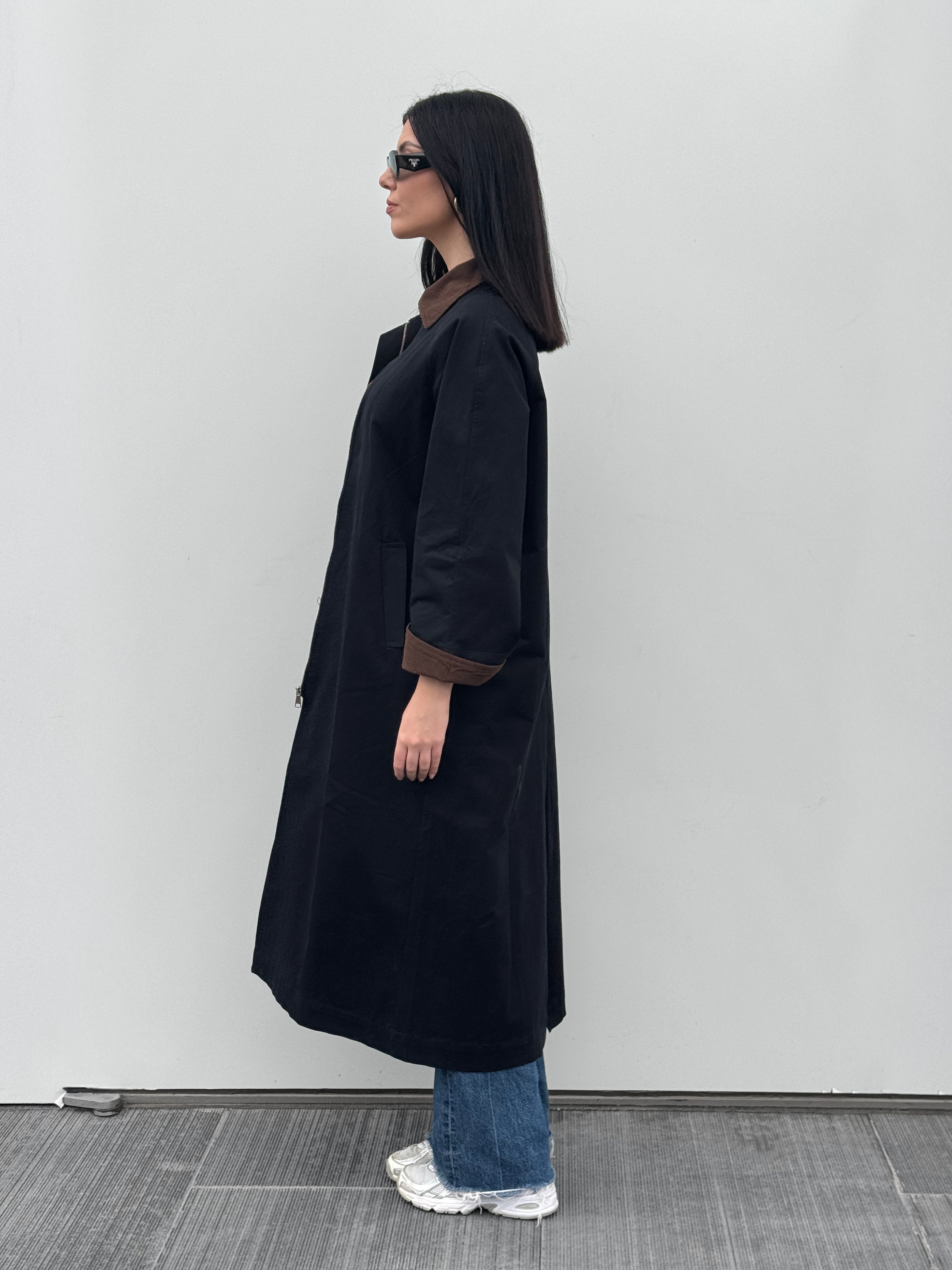 Black Trench Coat With a Corduroy Collar and Cuffs