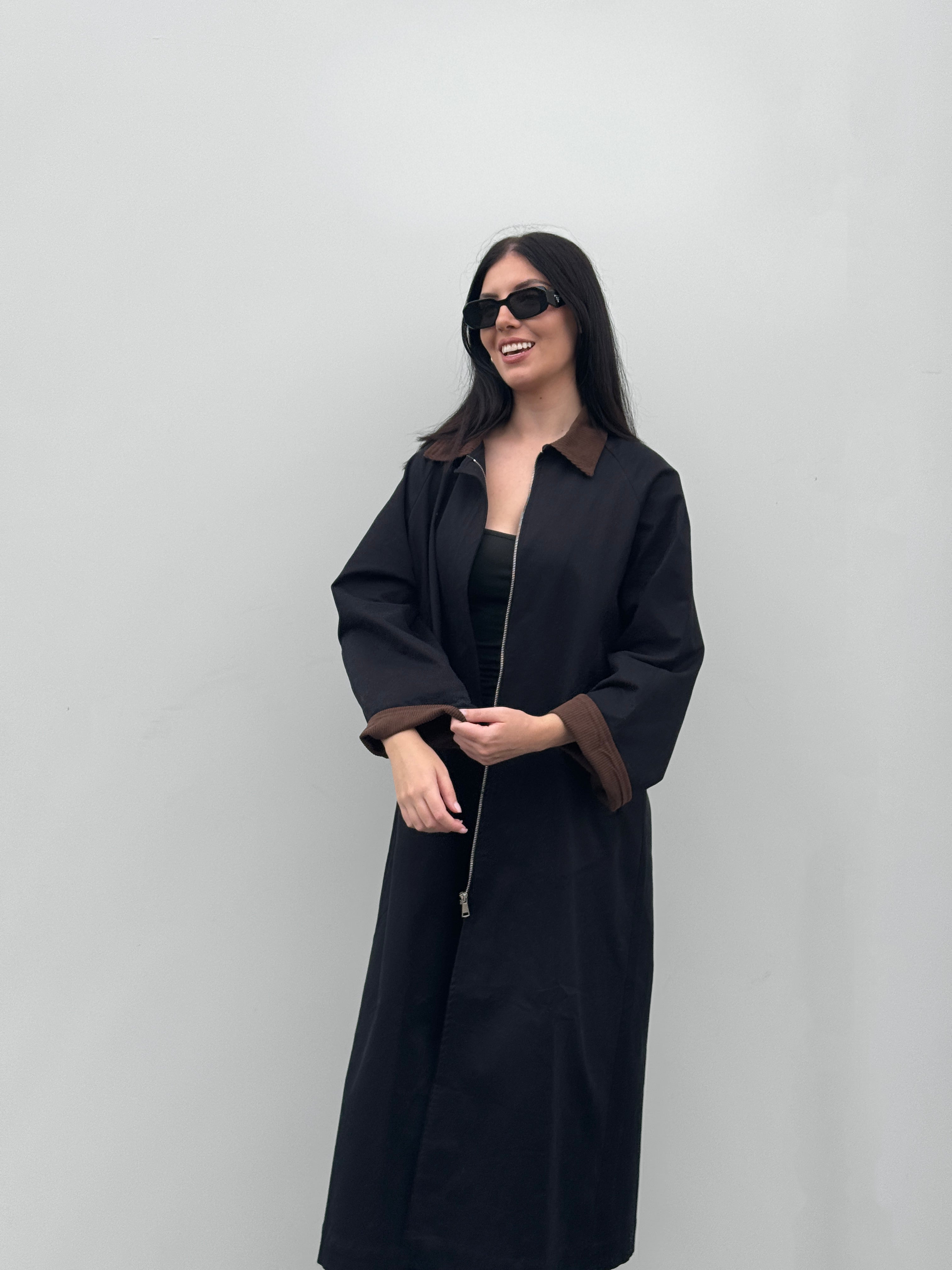Black Trench Coat With a Corduroy Collar and Cuffs