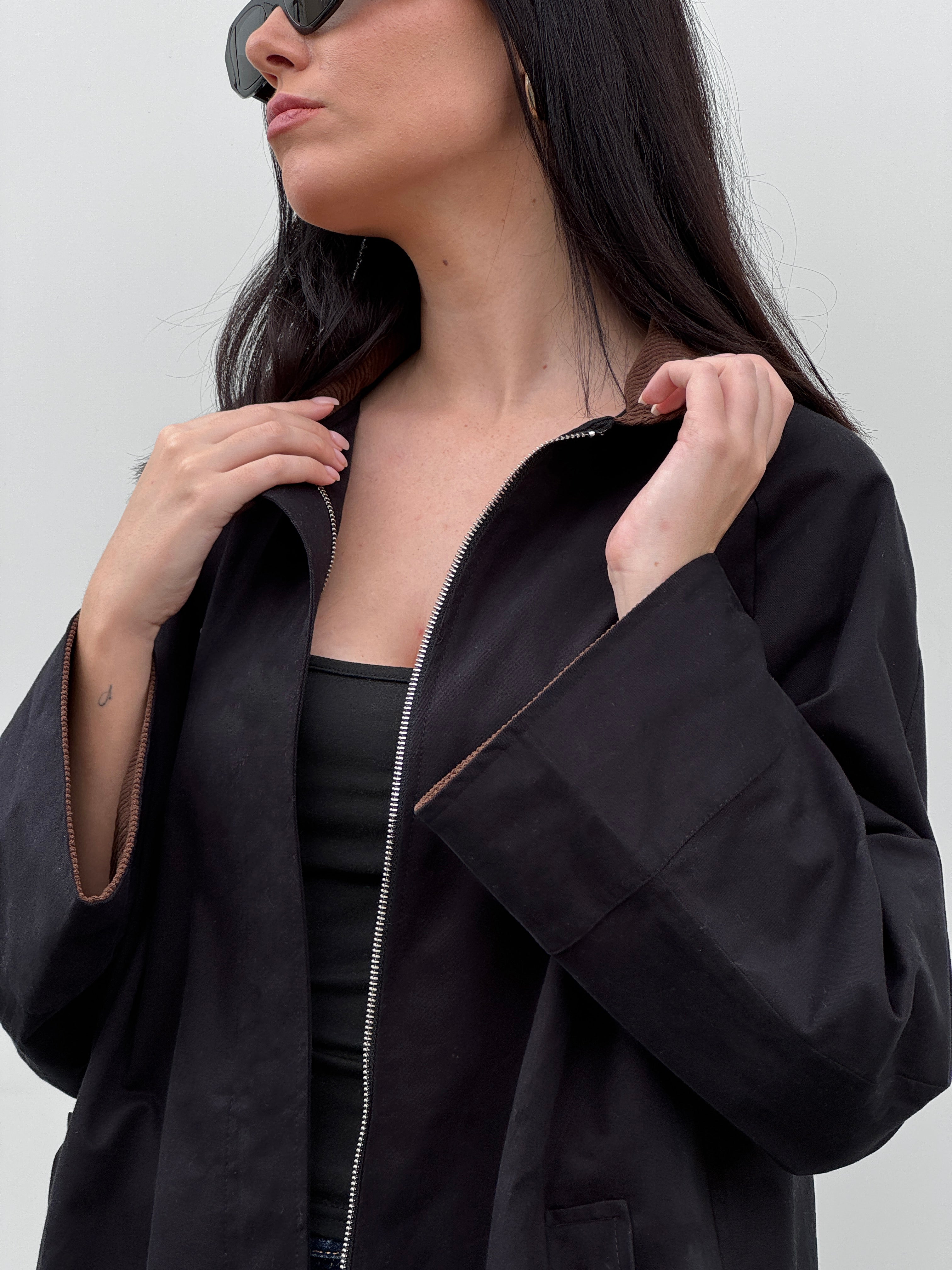 Black Trench Coat With a Corduroy Collar and Cuffs