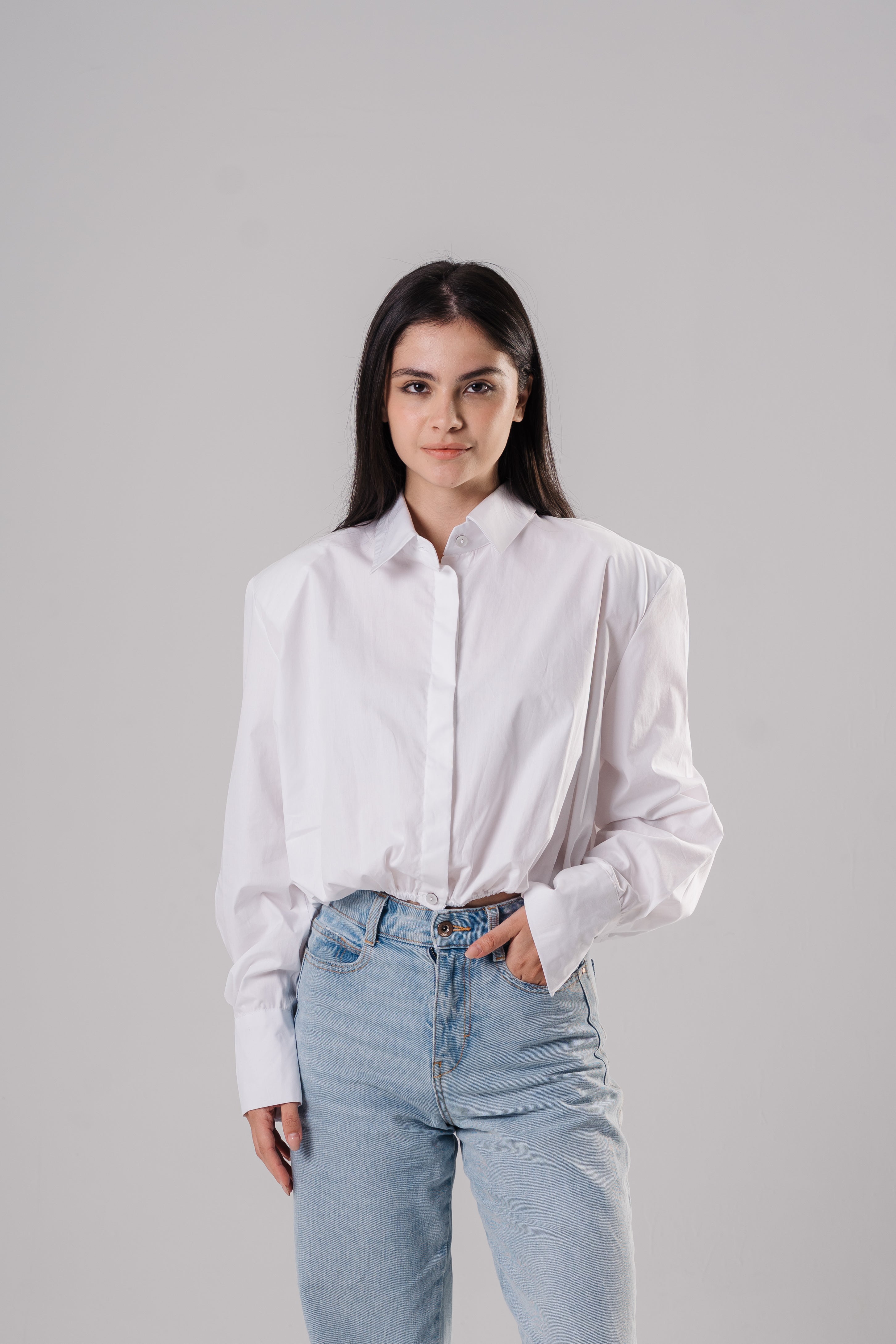 White cropped shirt with Shoulder Pads