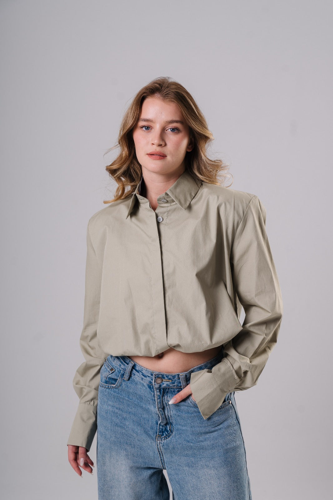 Sage Green Cropped Shirt with Shoulder Pads