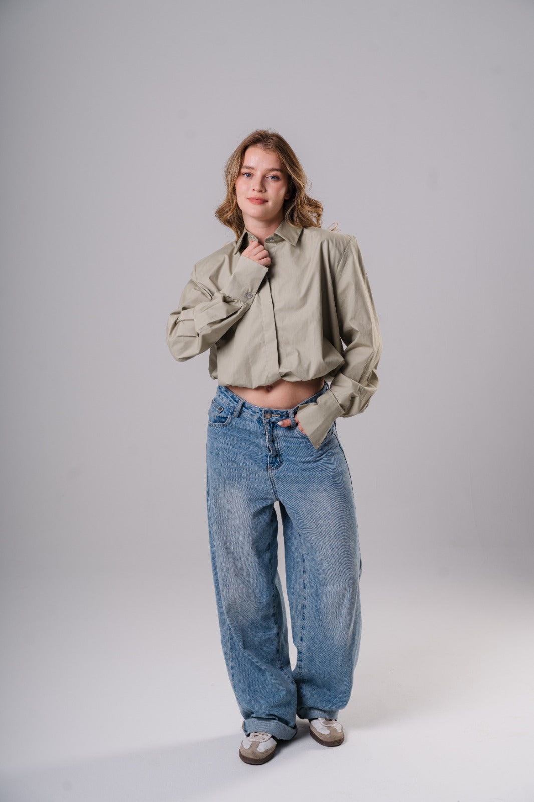 Sage Green Cropped Shirt with Shoulder Pads