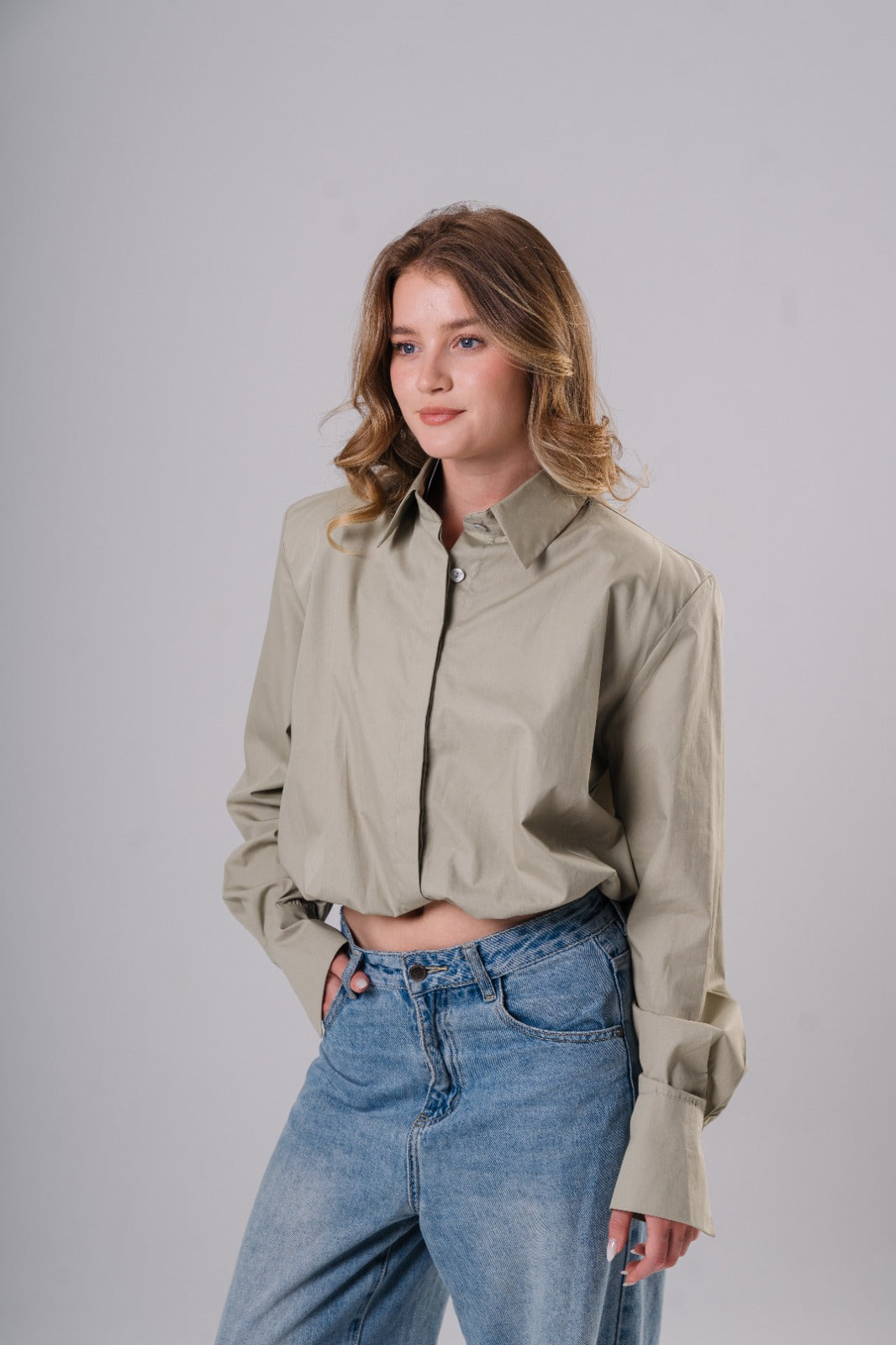 Sage Green Cropped Shirt with Shoulder Pads
